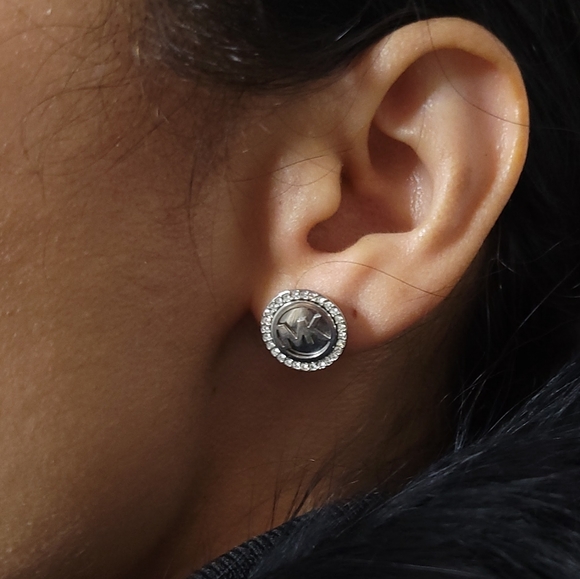 Michael Kors Jewelry - Michael Kors Silver Medallion Stud Earrings Framed with Rhinestones